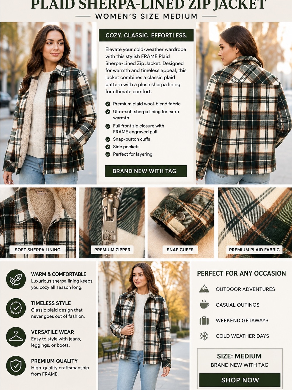 Frame Denim Plaid Sherpa-Lined Zip Jacket — Cream, Green & Black